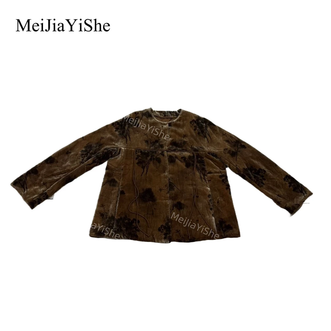 梅家2025新款新中式复古真丝丝绒圆领长袖棉衣