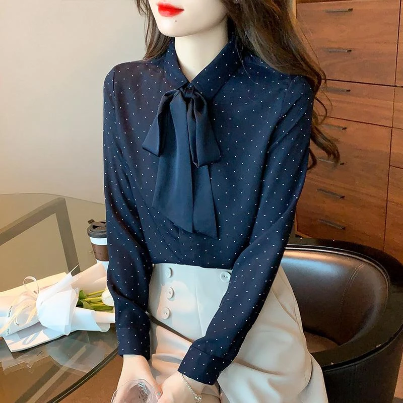 GiftPalm飘带长袖衬衫女秋装新款女复古气质波点衬衣洋气雪纺上衣