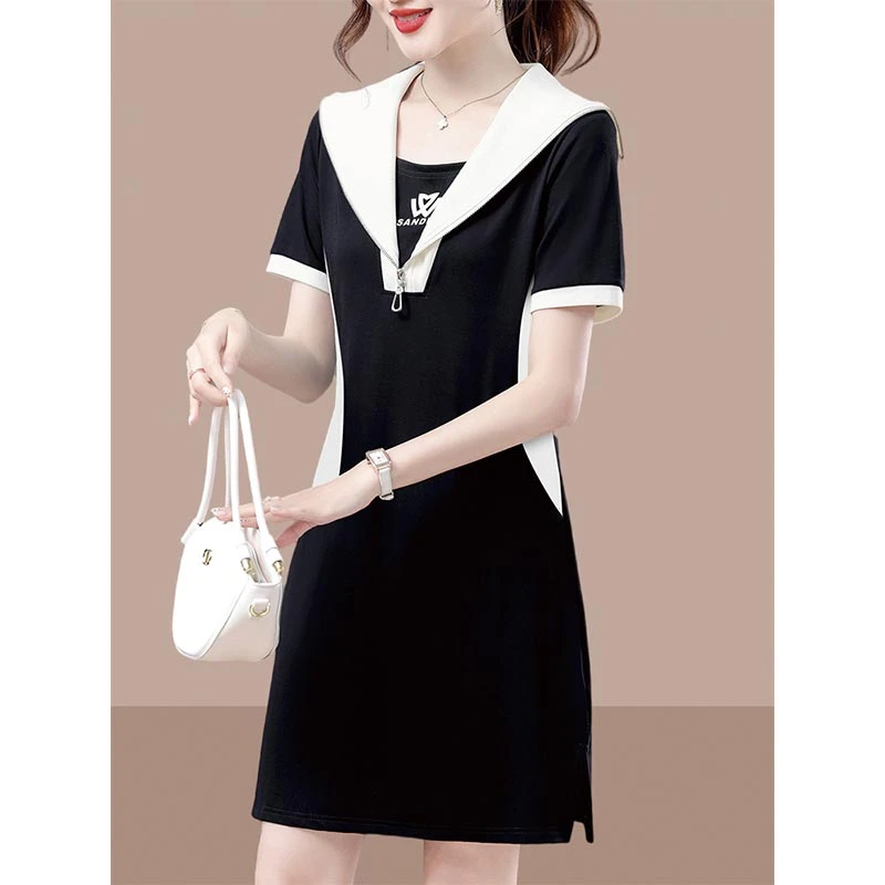 2025春秋新款中长款翻领短袖高级感连衣裙女士简约洋气设计感裙子
