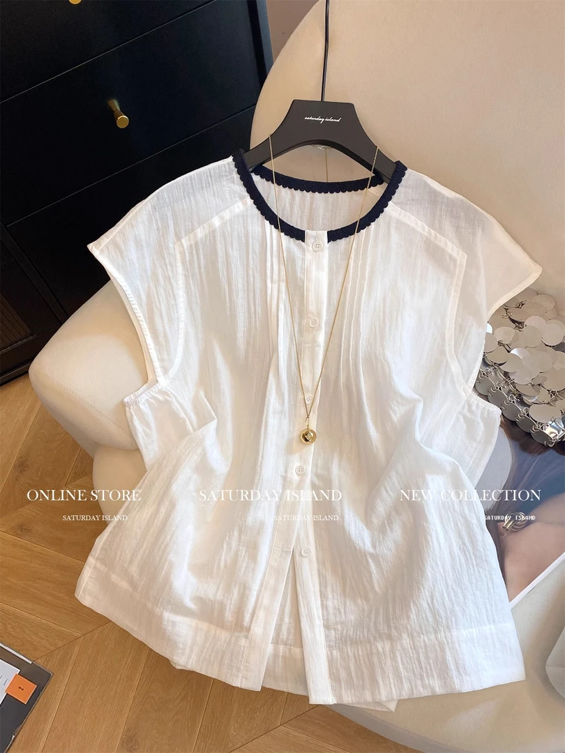 高级感撞色小飞袖衬衫女2025夏宽松透气显瘦洋气圆领气质小衫上衣