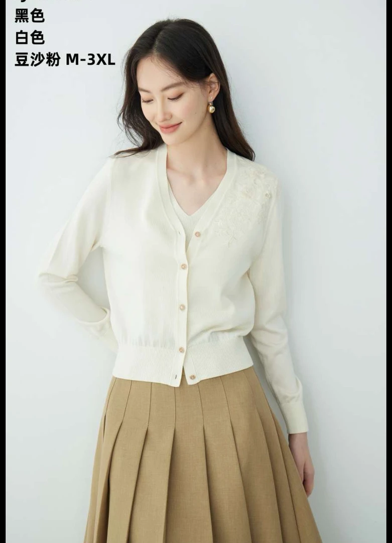 三姐37254薄款纯色冬季常规款圆领毛针织衫短款白色百搭毛衣