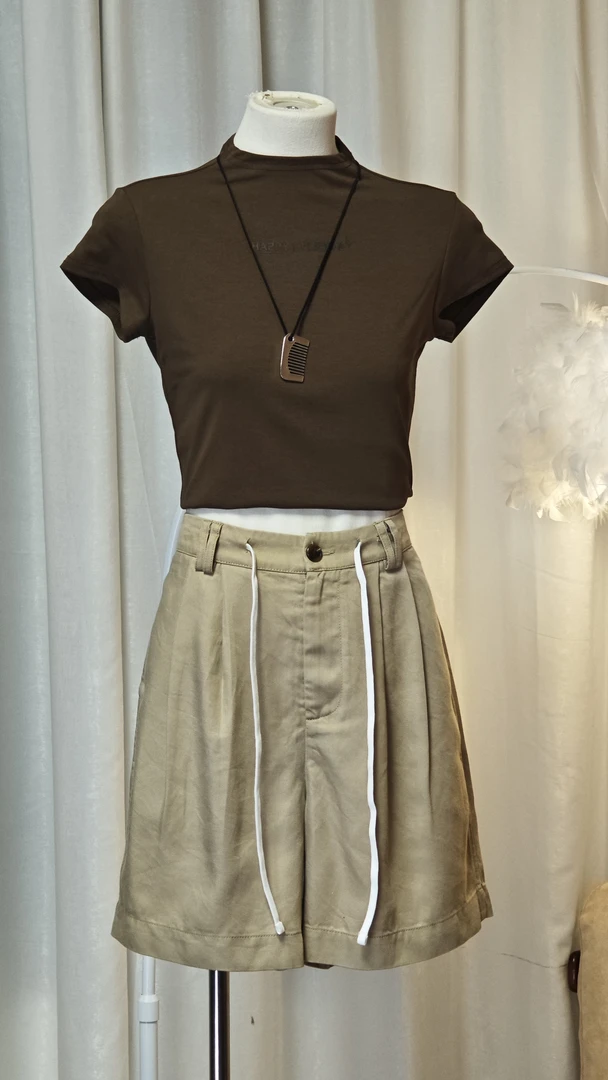 高腰显瘦抽绳随意调节腰围短裤工装五分裤 83977