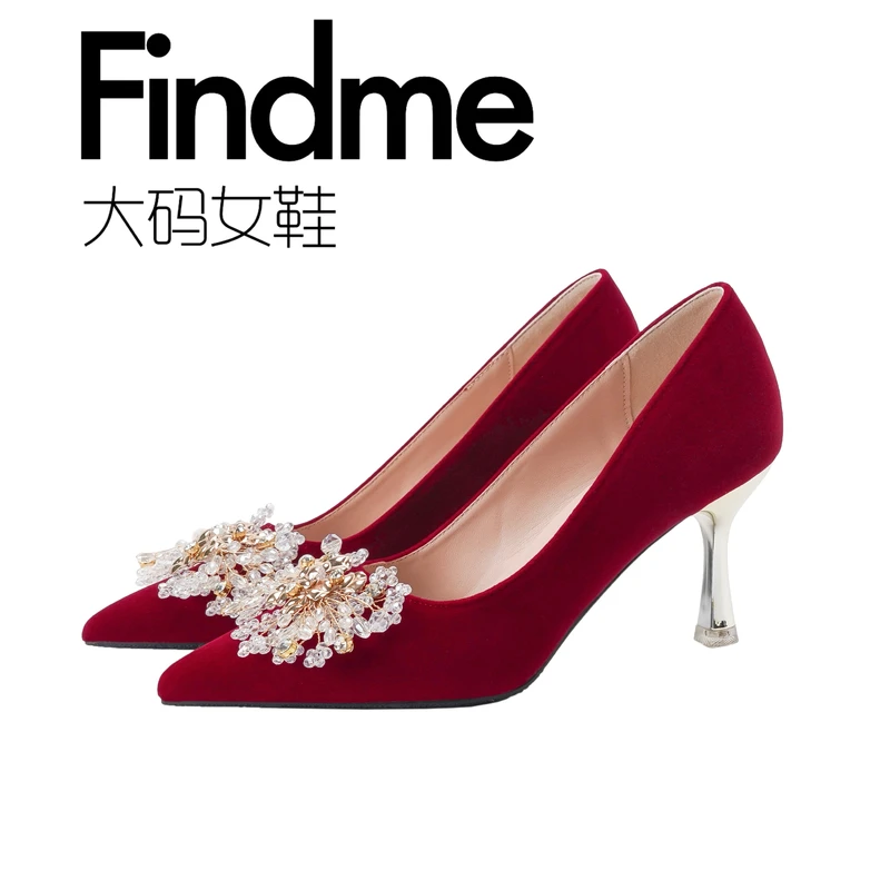 [Findme大码女鞋] 点绛流丹中式秀禾红色丝绒婚鞋高跟鞋新娘鞋