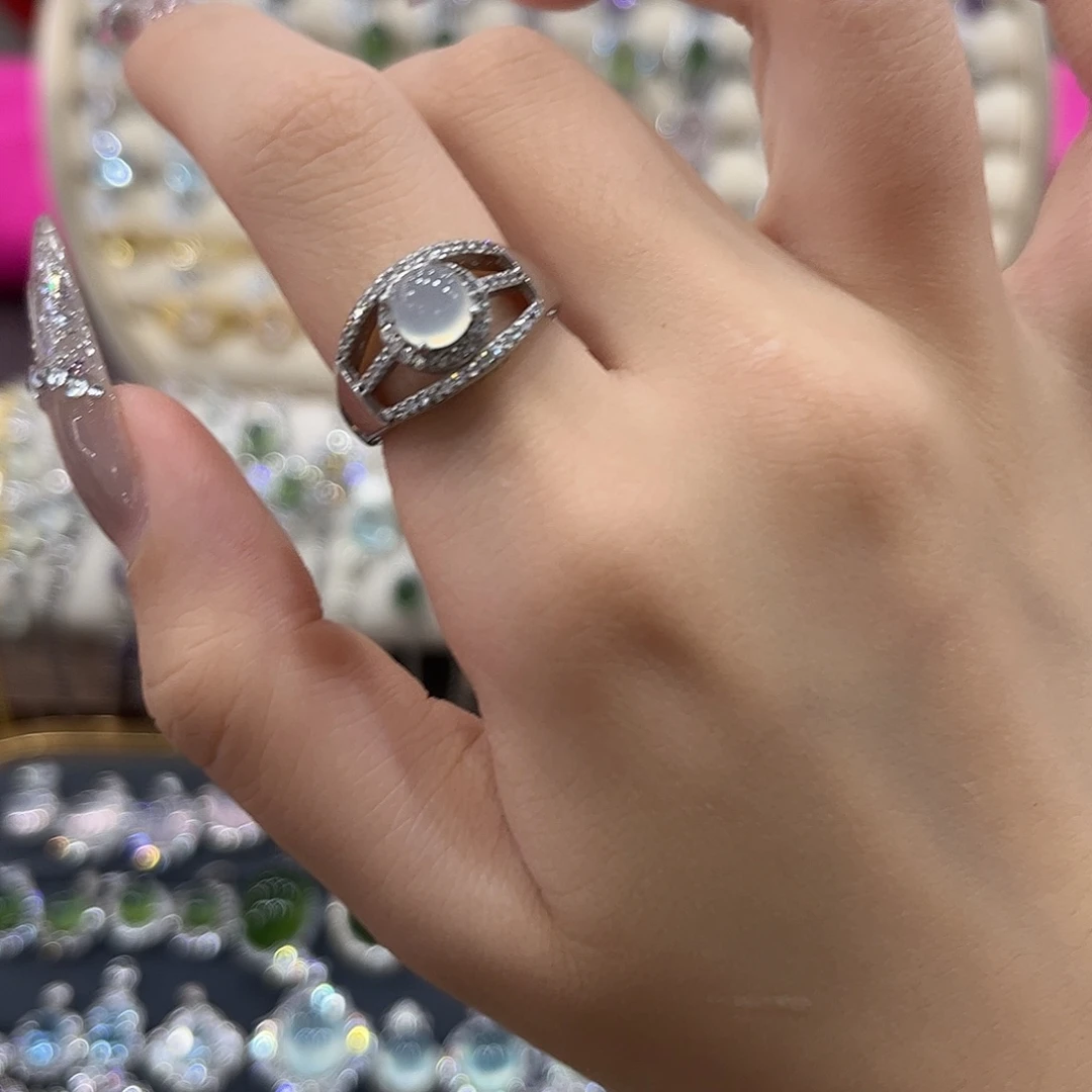 蛇纹石玉银S925镶嵌女款戒指