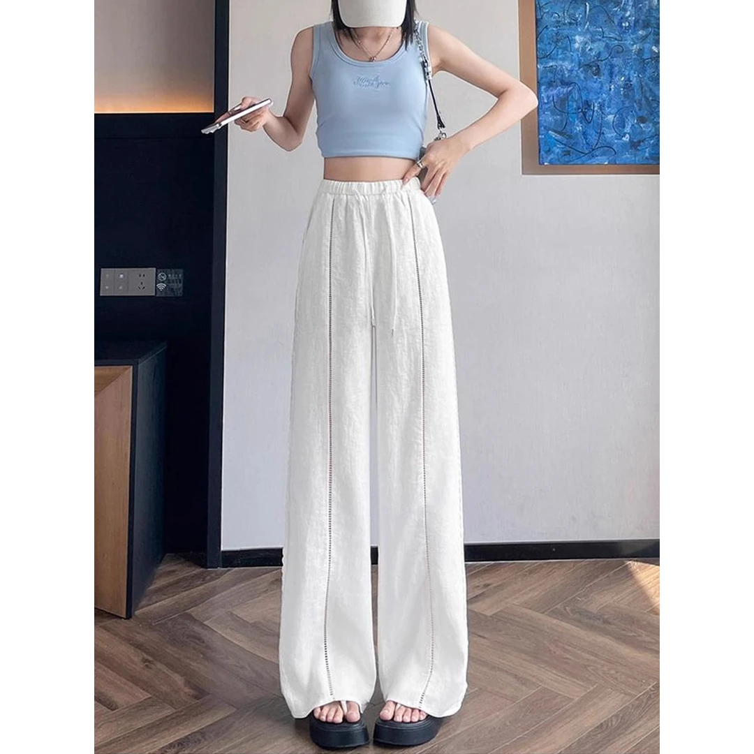 侧边镂空蕾丝阔腿裤女2025夏季薄款高腰宽松显瘦休闲防晒冰丝裤子