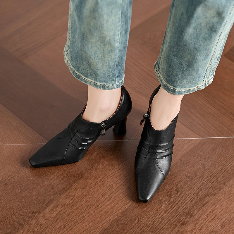 9cm时尚褶皱方头粗跟单鞋秋季深口拉链气质高跟鞋不累脚百搭皮鞋