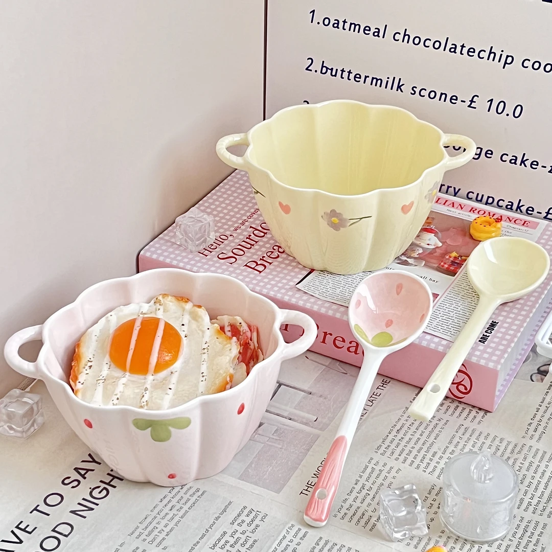 草莓紫藤花南瓜碗甜品碗可爱陶瓷碗耐高温可进微波炉带勺宿舍家用