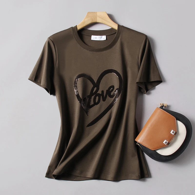 双面液氨棉短袖t恤亮片刺绣小衫圆领大码女装纯棉洋气上衣显瘦txu