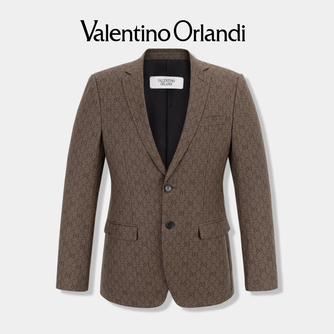 Valentino orlandi男士秋冬A版时尚满印老花绵羊毛格纹西装外套