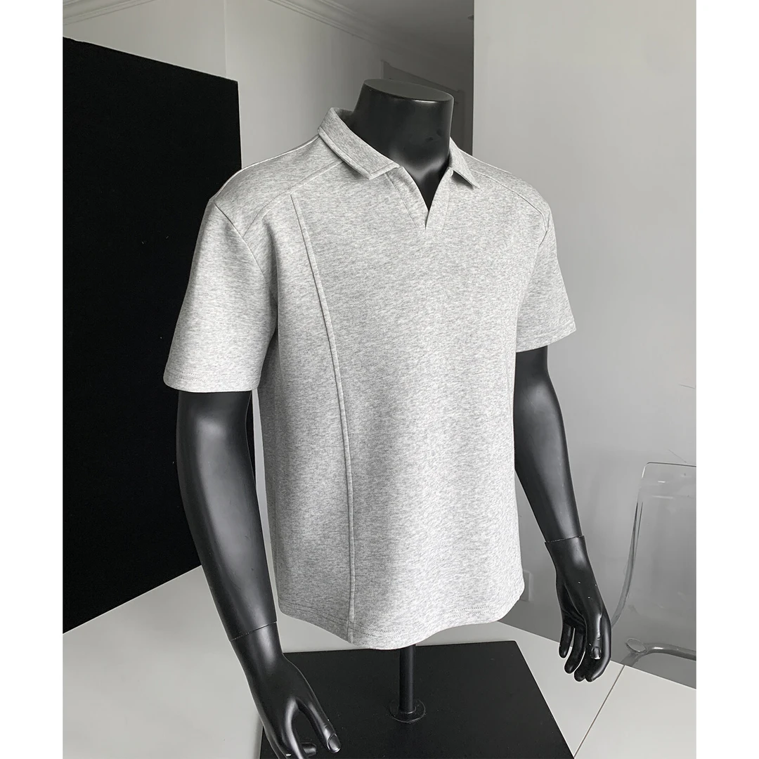 polo衫解构重磅V领正肩短袖t恤男夏季美式复古潮牌抗皱硬挺五分袖