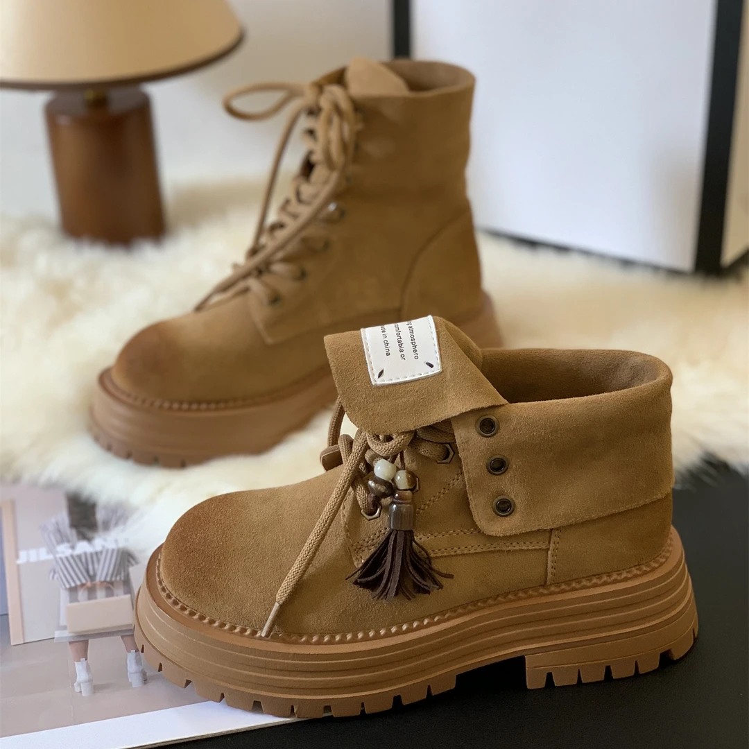 英伦风适合小个子厚底增高马丁靴2025秋季新款粗跟翻面短筒时装靴