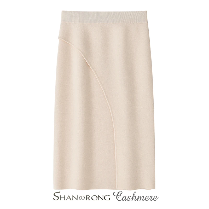 100%纯山羊绒半身裙女立体剪裁加厚松紧腰包臀白色百搭针织一步裙