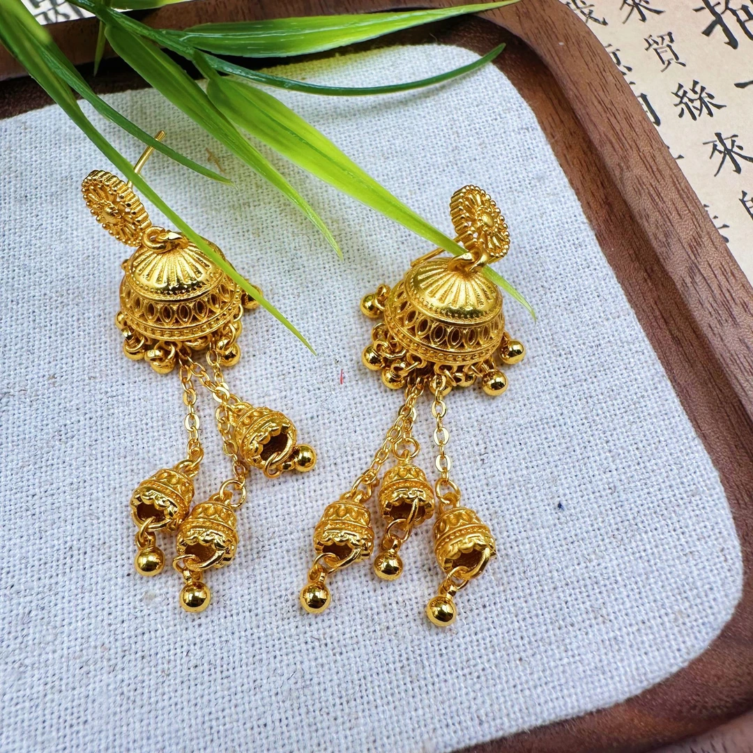 铜合金耳饰 Q21025.铜合金中式宫廷灯笼耳环手工复古时尚素款精美