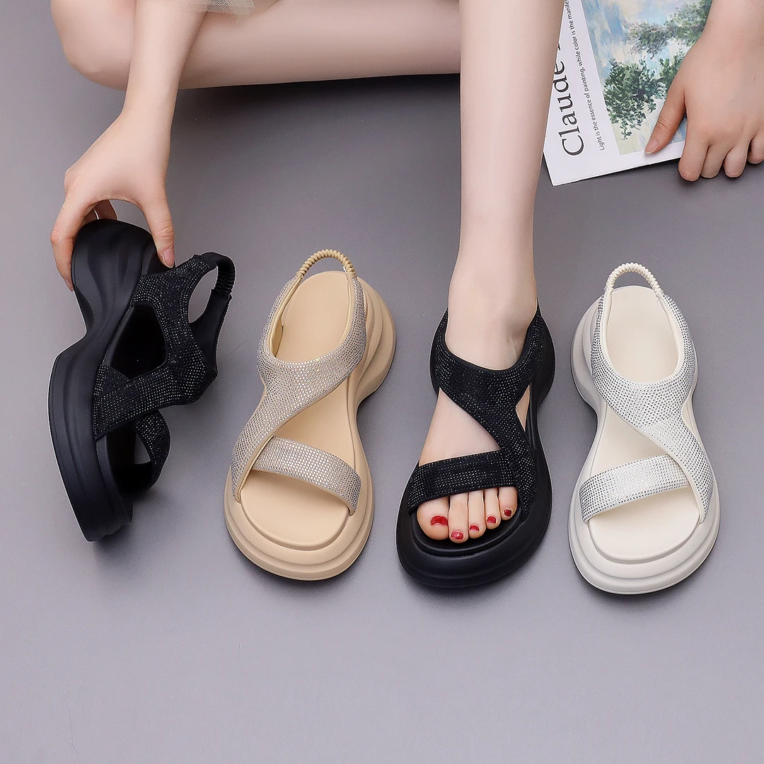 凉鞋女2025夏季新款时尚休闲透气软底增高百搭仙女风露趾沙滩女鞋