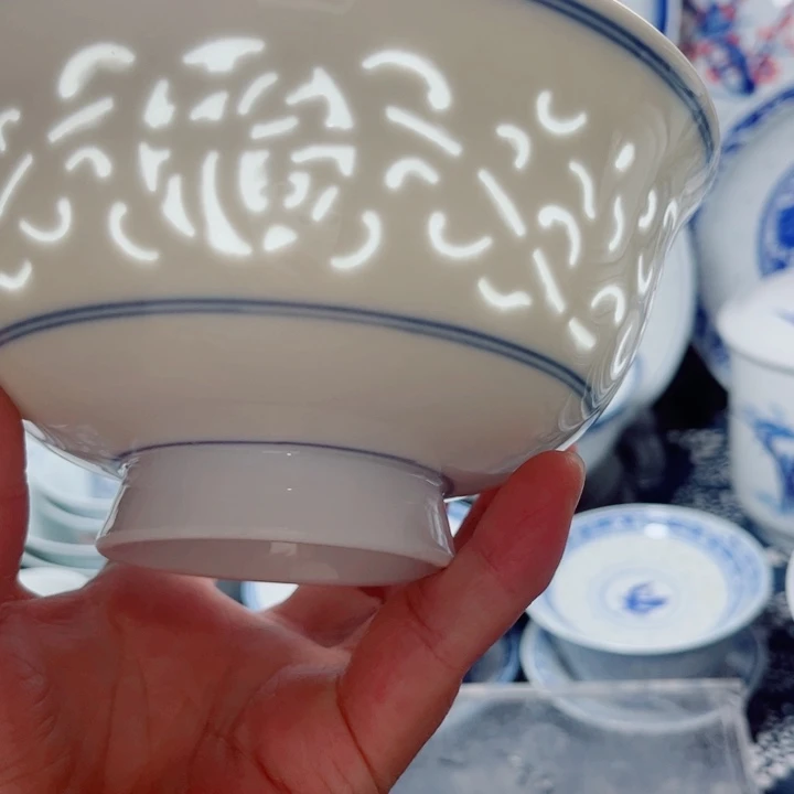 青花玲珑6寸面碗满雕双福双线