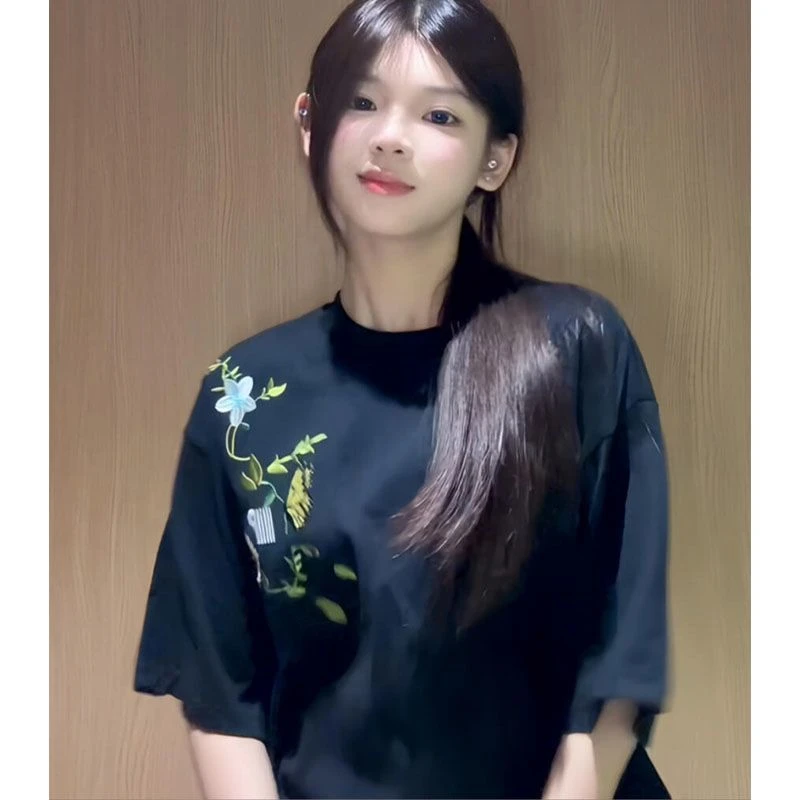 NASA ROAD美式高街刺绣花卉短袖T恤女夏季新款宽松设计感情侣上衣