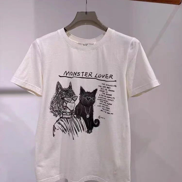 【戴眼镜猫咪字母T恤】2025夏新品百搭字母印花短袖T恤上衣女