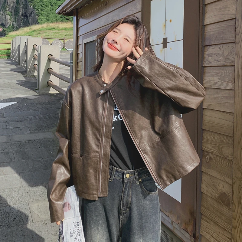 韩系咖色短款PU皮外套女2025春秋新款小个子高级感炸街机车夹克
