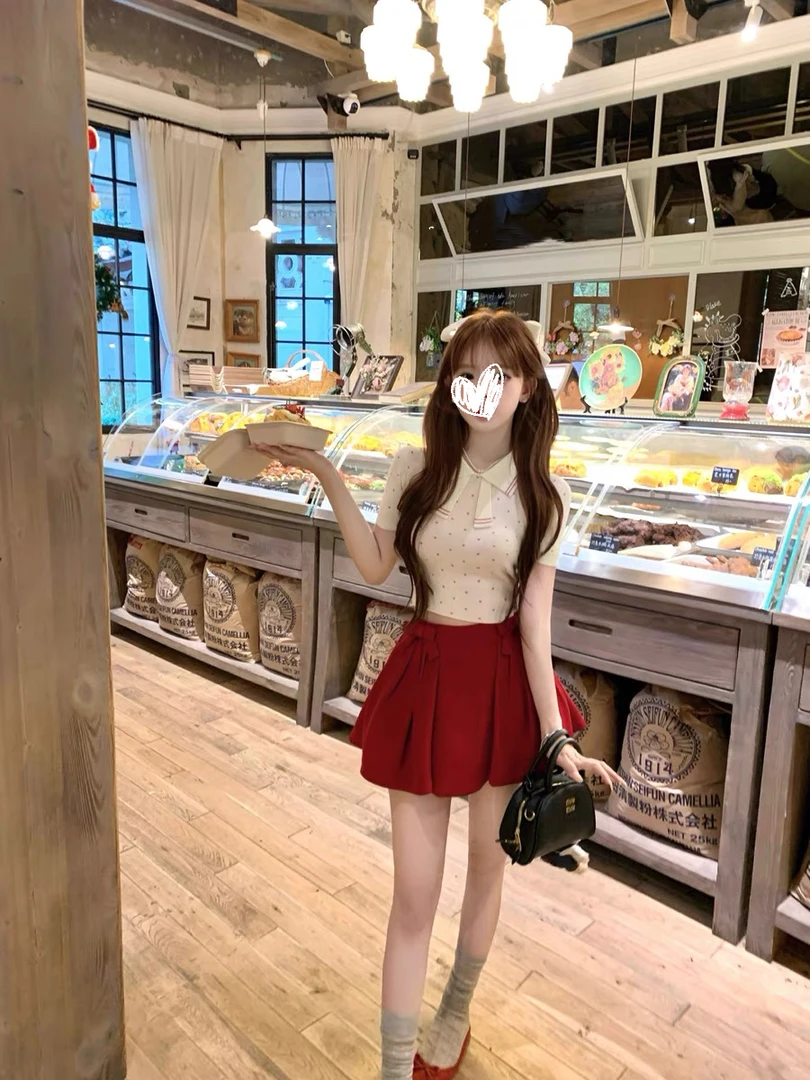 糖霜尾迹 桃心条纹少女短袖针织衫红蝴蝶结半裙短裙