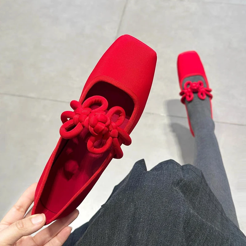 2025春秋新款新中式小红鞋法式玛丽珍方头浅口平底红色单鞋女婚鞋