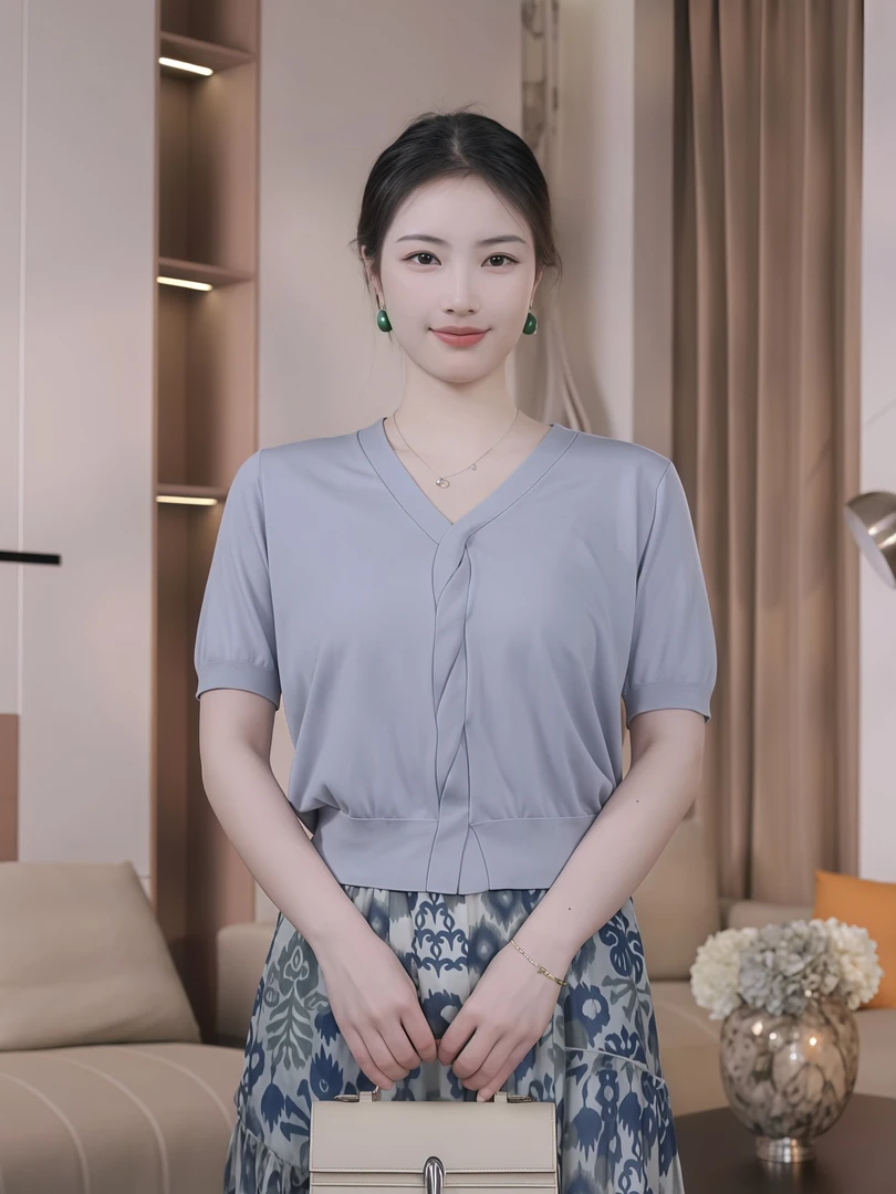 Nuovo Borgo 优雅V领绞花针织衫夏季薄款减龄显瘦短袖上衣女 8061