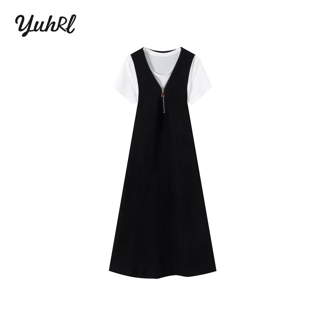 【遇幻YUHRL】夏季宽松撞色法式气质显瘦收腰短袖连衣裙#25GJB95