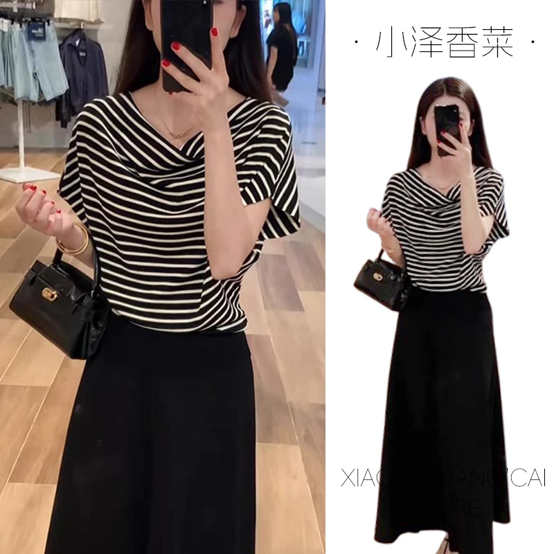 老钱风穿搭法式不规则荡领一字肩条纹针织短袖T恤女夏季斜肩上衣