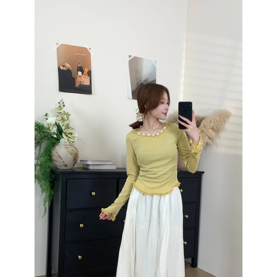 【现货】春季新款显瘦长袖百搭修身洋气褶皱圆领上衣-8268