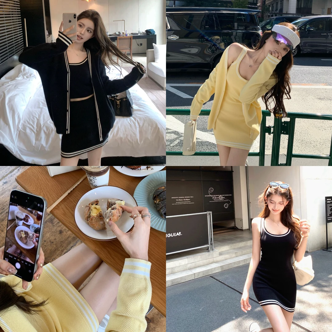 【本期大主推】元气感美式撞色棉纱针织连衣裙套装--时尚套装