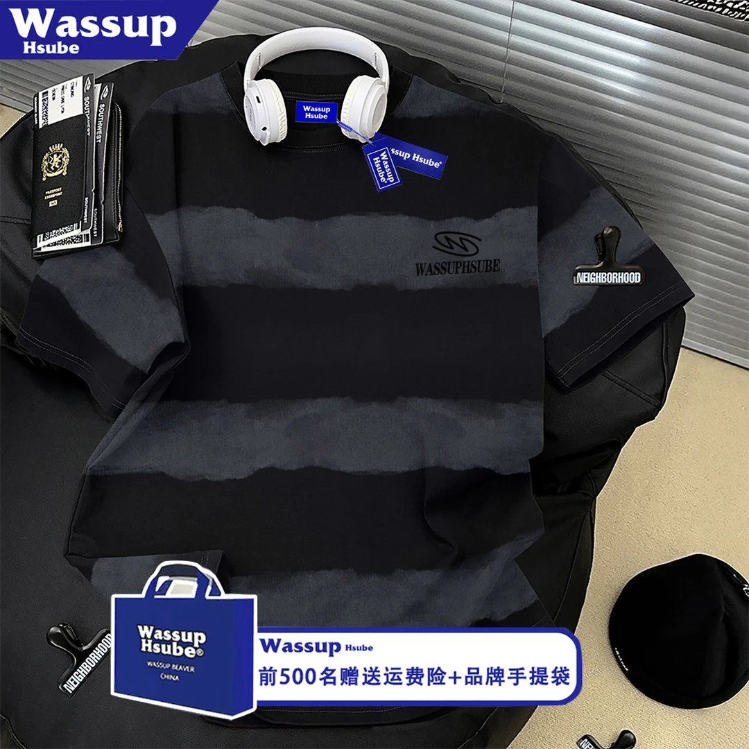 WASSUP HSUBE美式条纹拼接短袖T恤男女夏季字母印花宽松拼色上衣
