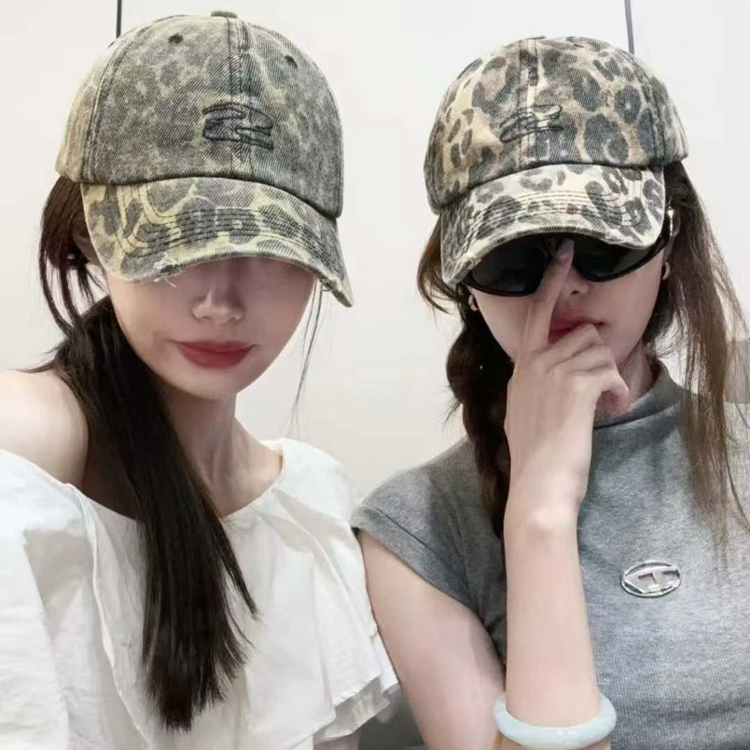新款复古辣妹女生豹纹棒球帽子软顶时尚破洞大头鸭舌帽美式显脸小