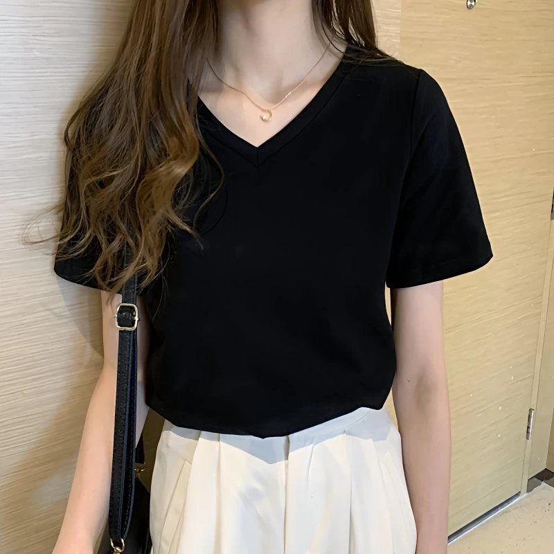 夏季短袖v领纯棉白色正肩t恤宽松半袖上衣设计感女夏百搭T恤