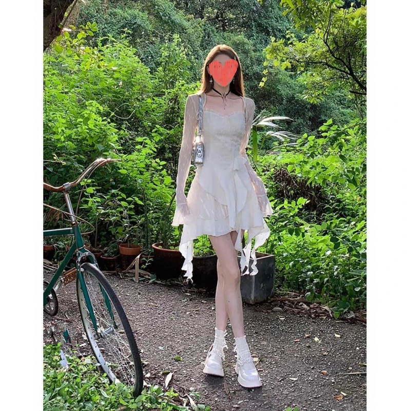 法式纯欲风木耳边不规则吊带夏季新款超仙连衣裙+时尚百搭开衫