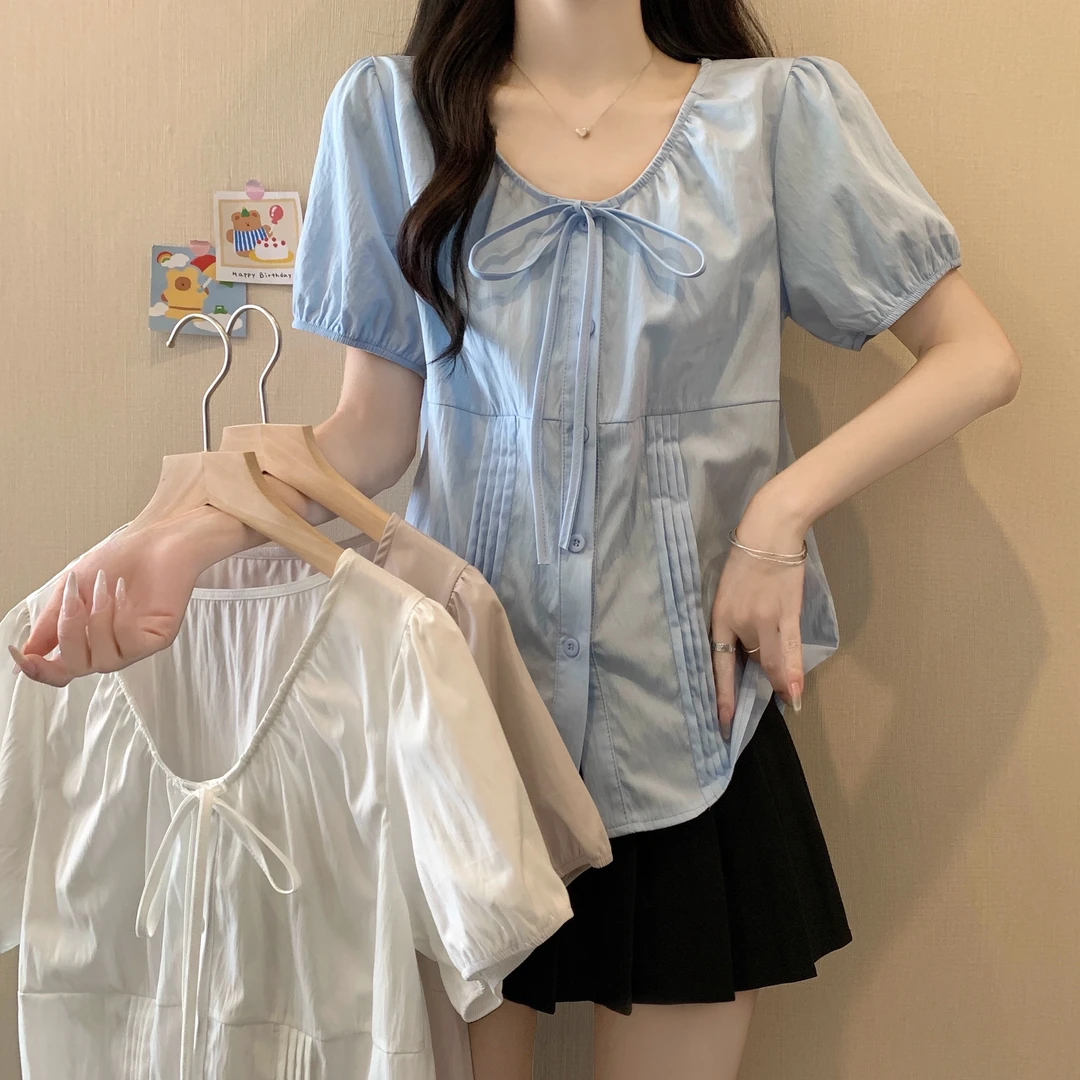 2025大码新款设计感系带上衣日常通勤风压褶泡泡袖短袖衬衫3172