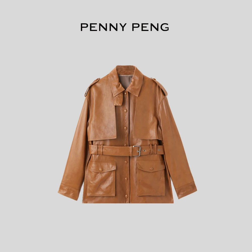 PENNYPENG1990S棕色薄款宽松型韩版宽松极简风修身型显瘦皮衣