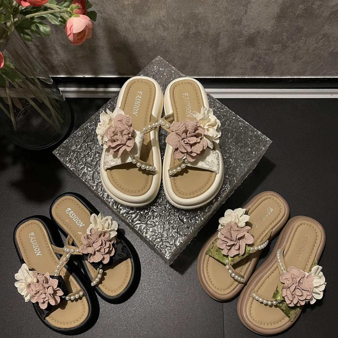 2025夏季新款国风串珠双玫瑰花柔软带沙滩外穿厚底舒适拖鞋-5CM