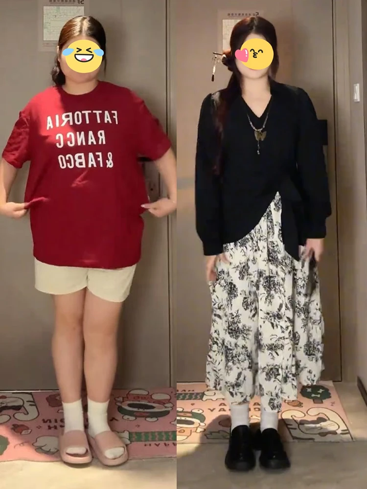 秋季新款大码女装时尚显瘦拼接V领连衣裙胖MM设计感水墨裙假两件