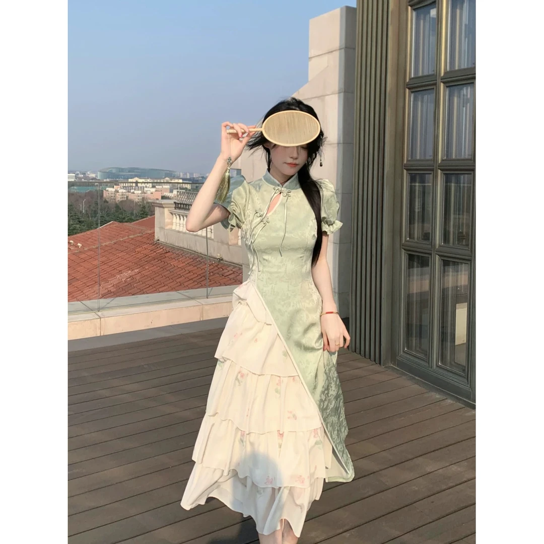 青涟玥竹 新中式改良提花印花网纱蛋糕裙摆旗袍连衣裙夏