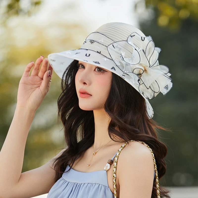 夏季新款欧根纱气质优雅花朵渔夫帽女遮阳防晒透气盆休闲旅游帽子