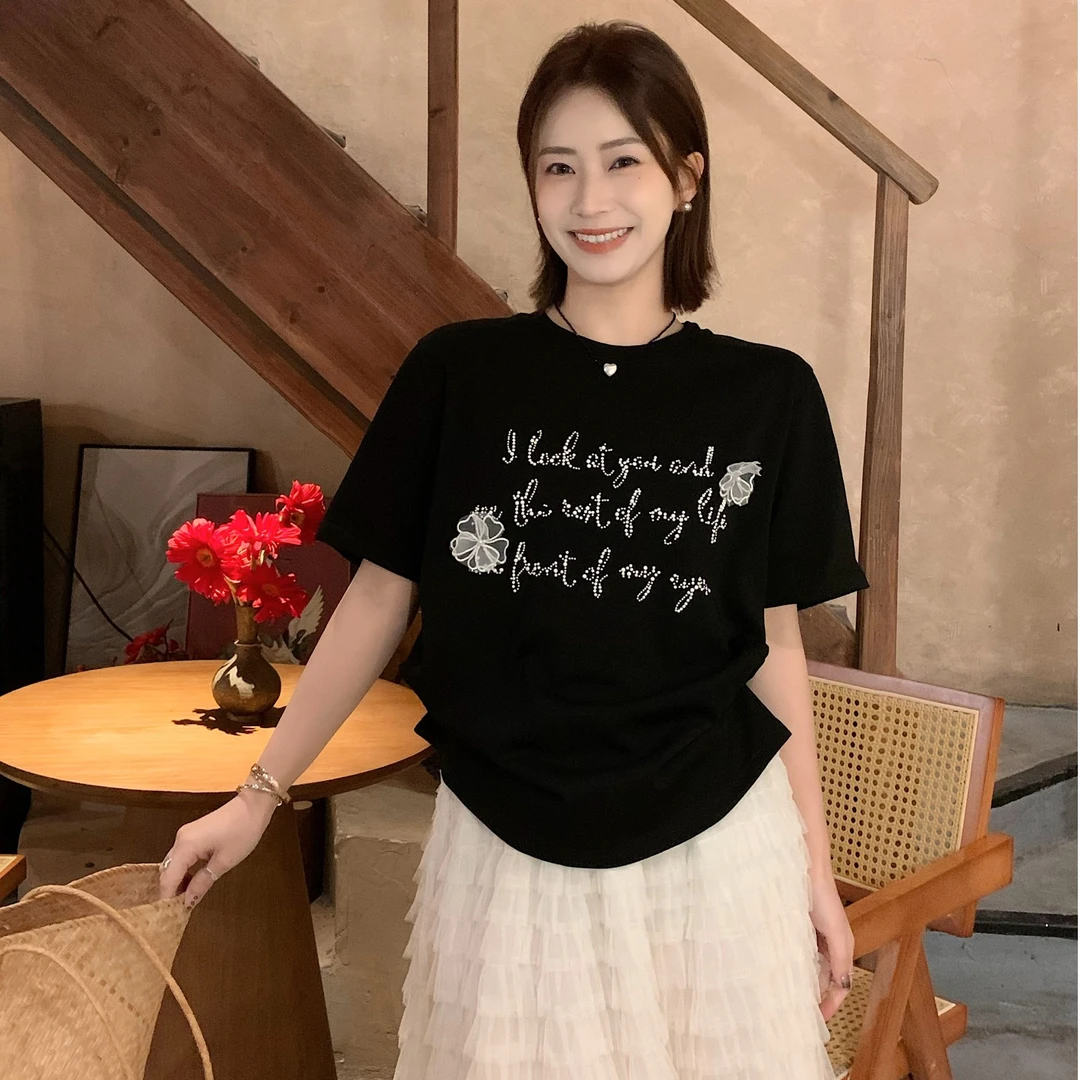 SUNCC自制 小珍珠 春夏气质重工高级小众设计百搭显瘦舒适透气T恤