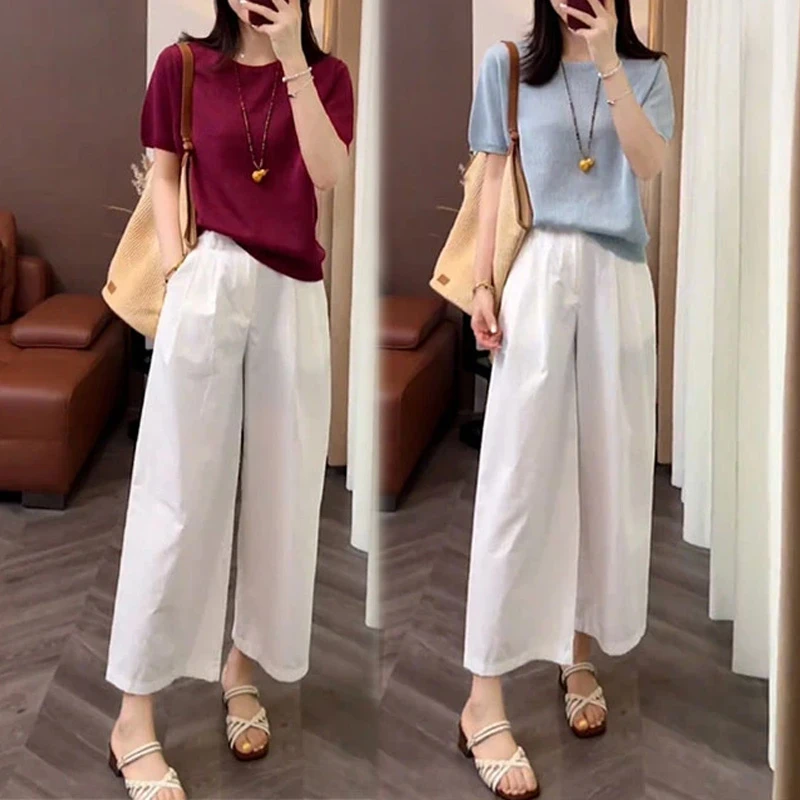 盐系一整套穿搭女2025年夏季新款纯色针织短袖休闲裤九分裤两件套