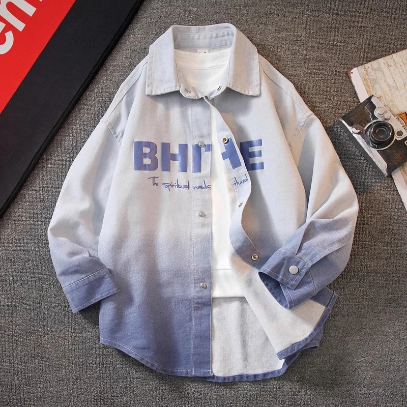 儿童装男童秋装衬衫外套2025新款春秋款中大童渐变秋季男孩帅气潮