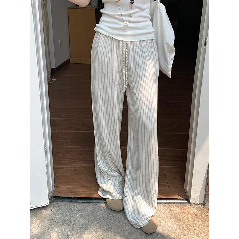 Miss sumey0600自制夏季细条纹垂感长裤子女舒适时尚休闲拖地裤