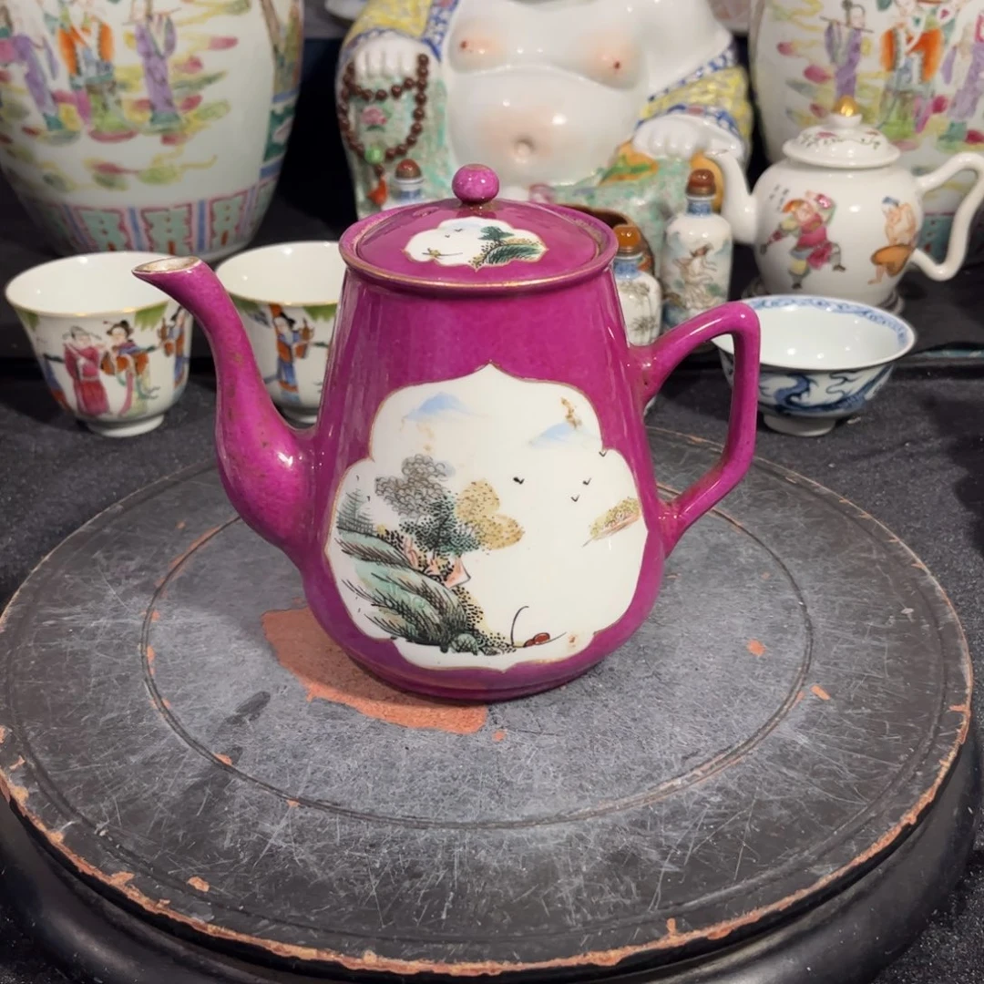 摆件胭脂红开窗山水茶壶