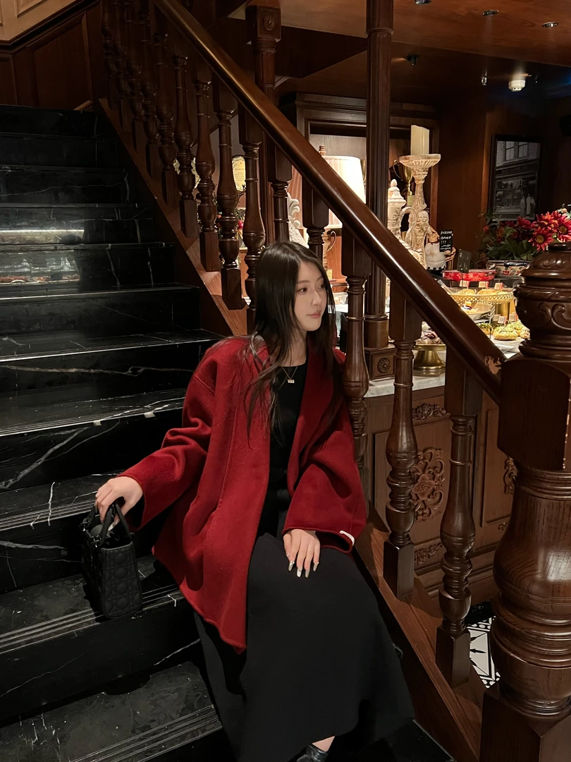 中长款双面羊毛大衣女秋冬法式浴袍设计款-9958