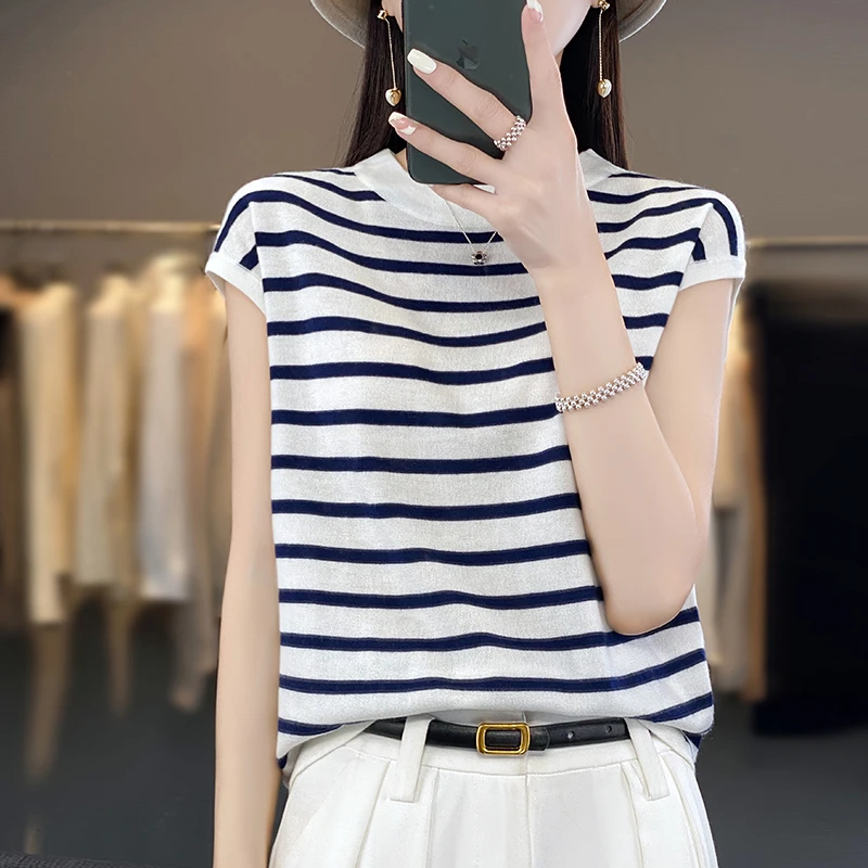 超细精纺羊毛条纹圆领针织短袖T恤衫女宽松薄款时尚无袖显瘦上衣