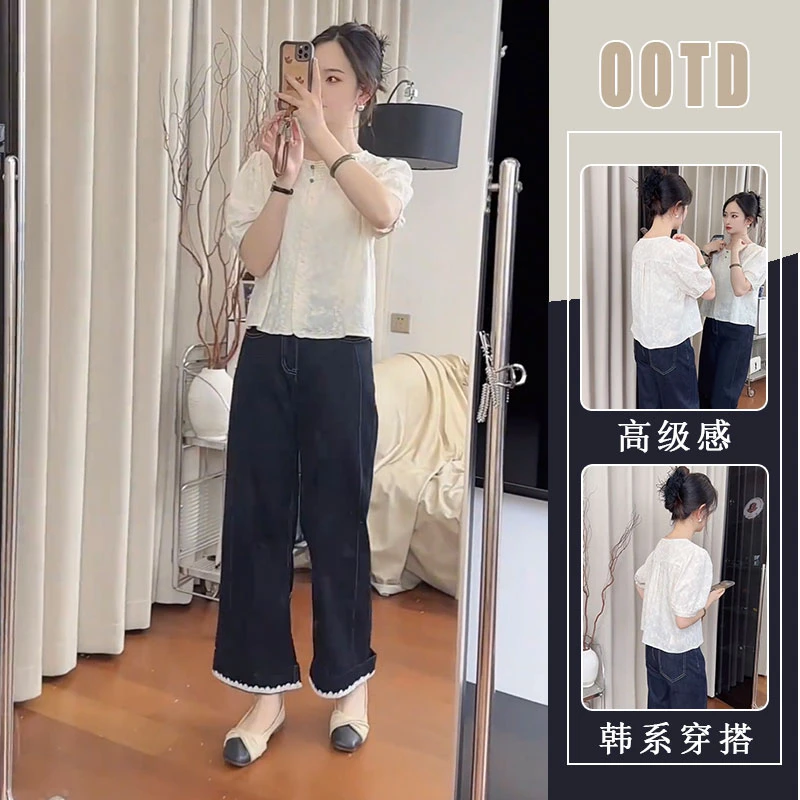 夏日穿搭一整套时尚韩系设计感泡泡短袖衬衫女拼接牛仔裤两件套潮