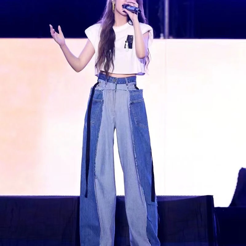 明星同款设计款不规则蓝色牛仔裤2025新款系百搭裤子以直播间为准