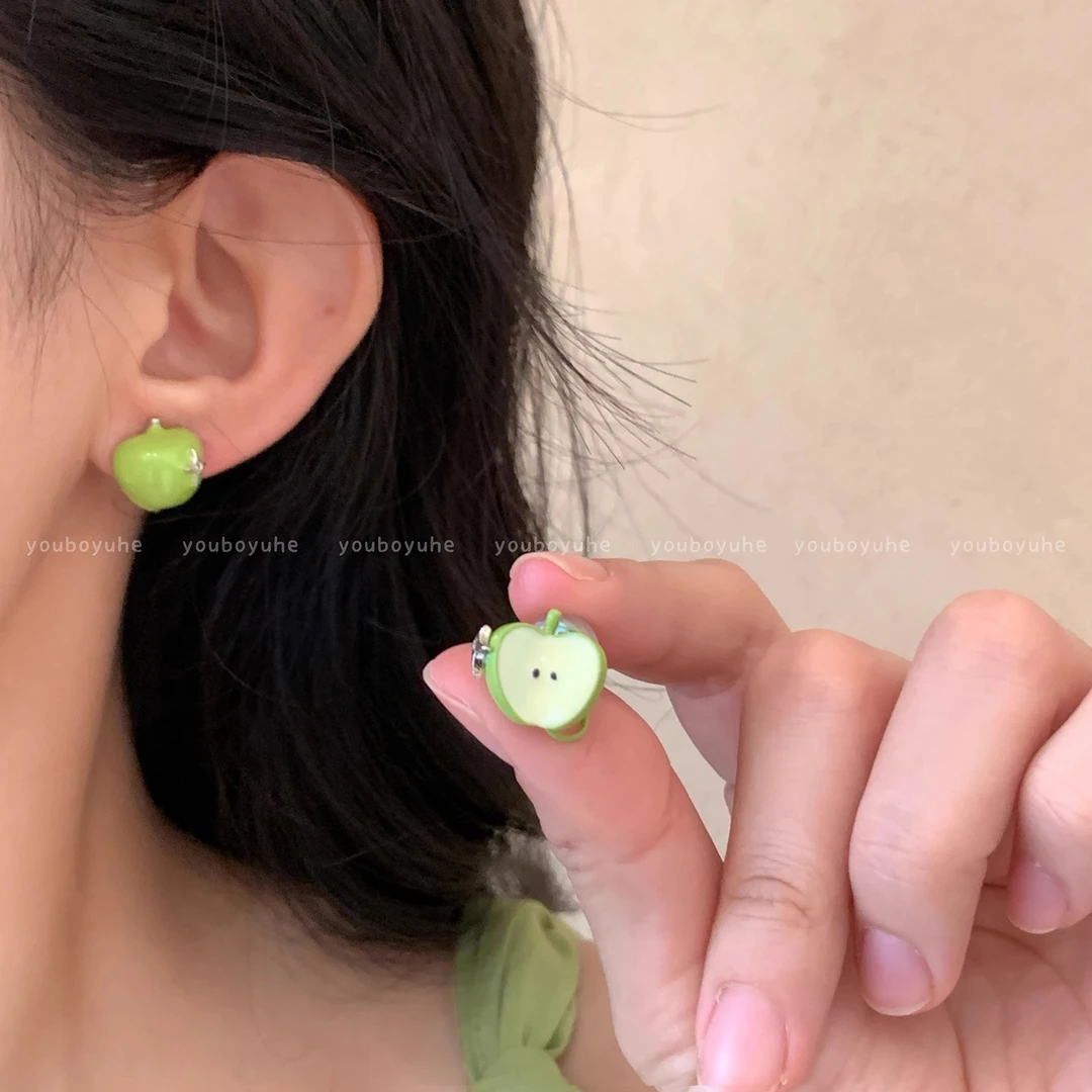 铜合金耳饰 萌趣青苹果耳钉女夏日小清新耳环森系小巧精致耳饰潮