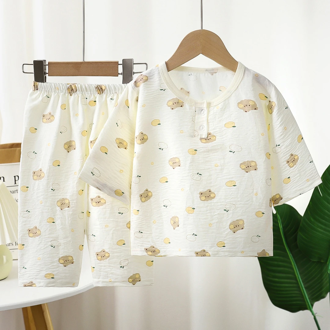 儿童家居服套装夏新款男女童卡通云朵棉睡衣宝宝薄款空调服两件套